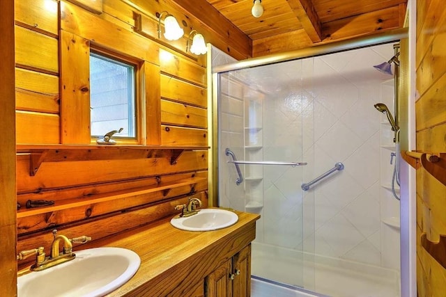 1175 Main Rd, Westport, MA 02790 - full bath featuring a shower stall, wood ceiling with exposed beams, double vanity, and wood walls