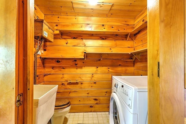 1175 Main Rd, Westport, MA 02790 - laundry room featuring washer / clothes dryer, wood walls, and wood ceiling