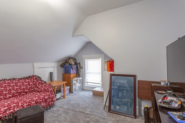 bedroom featuring lofted ceiling and carpet floors