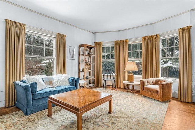 sitting room with plenty of natural light and wood finished floors