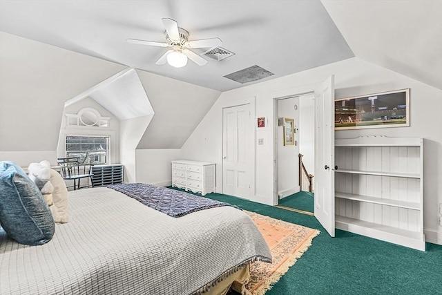 bedroom with visible vents, dark carpet, a ceiling fan, vaulted ceiling, and baseboards