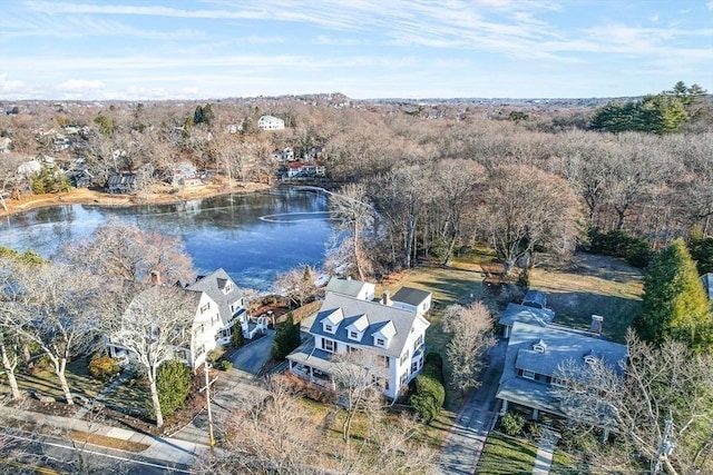 birds eye view of property featuring a water view