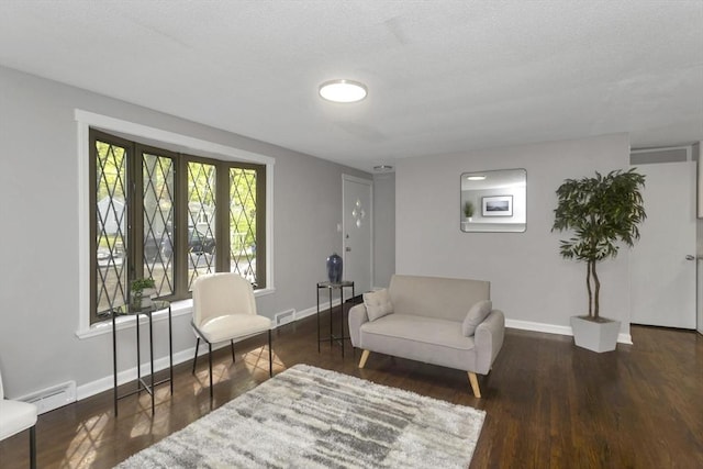 sitting room featuring baseboard heating, wood finished floors, and baseboards
