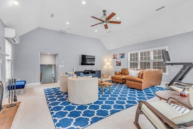 living area featuring a ceiling fan, a wall mounted AC, lofted ceiling, and visible vents