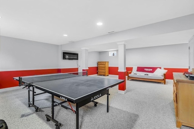 rec room featuring baseboards, carpet flooring, visible vents, and recessed lighting