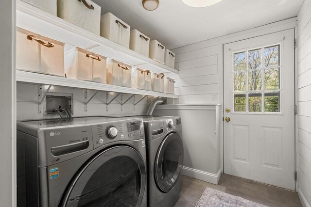 40 Brewster Rd, Cohasset, MA 02025 - clothes washing area with independent washer and dryer and wooden walls