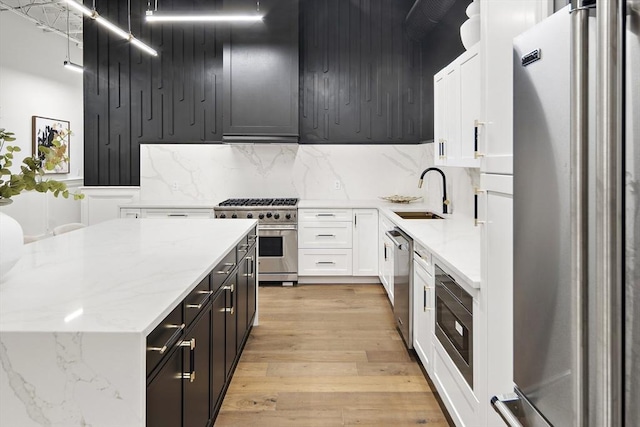 kitchen featuring sink, white cabinets, light wood-type flooring, and high end appliances