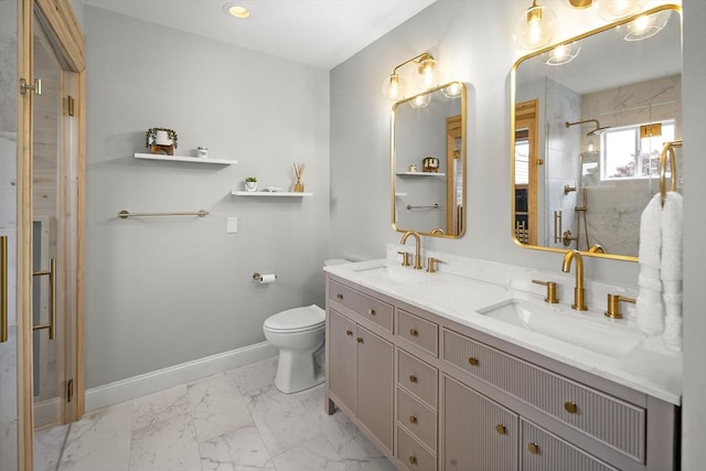 4 Lincoln Pl Unit 4, Boston, MA 02129 - bathroom featuring double vanity, marble finish flooring, toilet, baseboards, and a shower