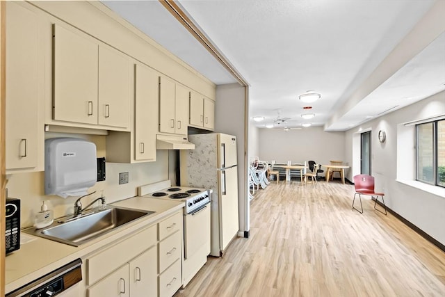 41 Centre Unit 208, Brookline, MA 02446 - kitchen with white appliances, light countertops, under cabinet range hood, a sink, and light wood-type flooring