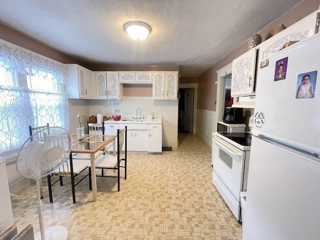 98-100 Fenwick St, Springfield, MA 01109 - kitchen featuring white appliances, white cabinets, wainscoting, light floors, and a textured ceiling