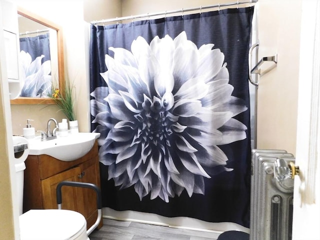 98-100 Fenwick St, Springfield, MA 01109 - bathroom featuring vanity, radiator heating unit, and curtained shower