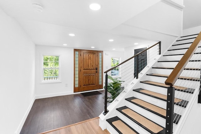 21 Beechwood Ave, Pembroke, MA 02359 - entrance foyer with stairs, wood finished floors, and recessed lighting
