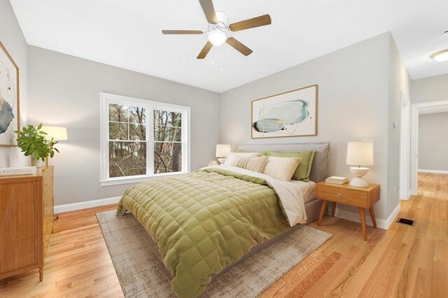 bedroom featuring baseboards, visible vents, light wood finished floors, and ceiling fan