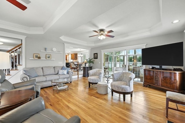 11 Rachael Ter, Westfield, MA 01085 - living area featuring a ceiling fan, a tray ceiling, light wood-type flooring, crown molding, and recessed lighting