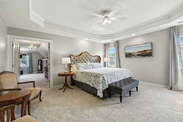 11 Rachael Ter, Westfield, MA 01085 - bedroom with a raised ceiling, crown molding, light colored carpet, a chandelier, and ceiling fan