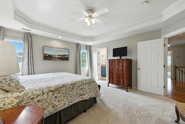 11 Rachael Ter, Westfield, MA 01085 - bedroom featuring a tray ceiling, ornamental molding, light carpet, and a ceiling fan