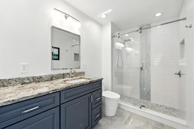 11 Rachael Ter, Westfield, MA 01085 - bathroom featuring a stall shower, vanity, marble finish flooring, and recessed lighting