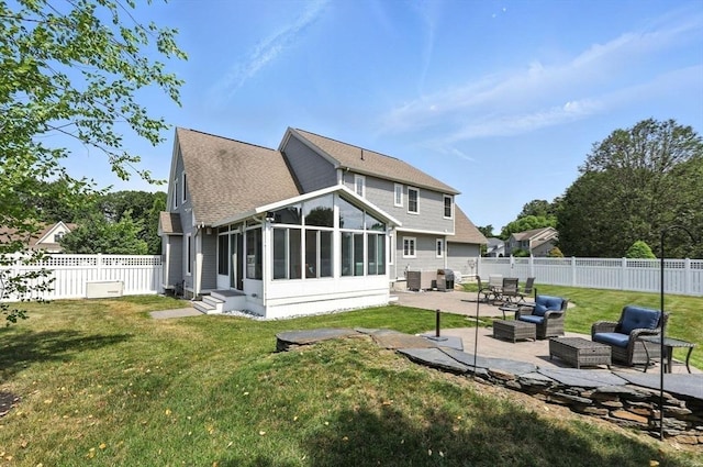 11 Rachael Ter, Westfield, MA 01085 - rear view of house with entry steps, outdoor lounge area, a patio area, a fenced backyard, and a sunroom