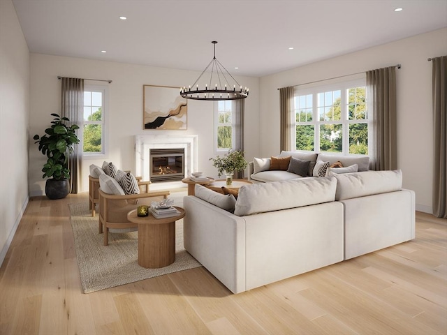 living room with a chandelier and light wood-type flooring