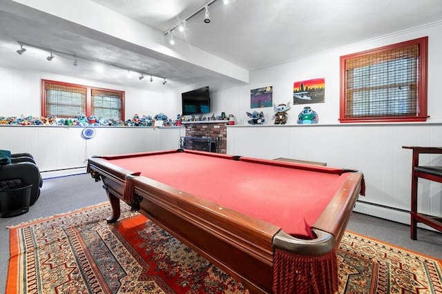 recreation room with track lighting, pool table, carpet flooring, and a wainscoted wall