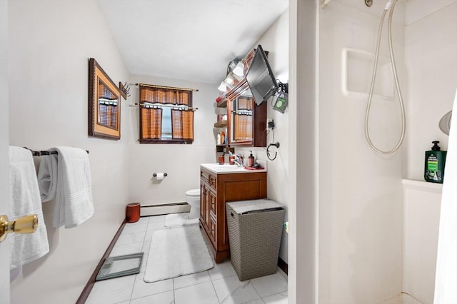full bath featuring a shower, marble look tile flooring, baseboard heating, vanity, and toilet