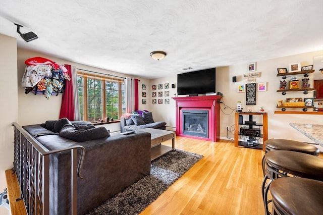 living room with a glass covered fireplace and light wood finished floors