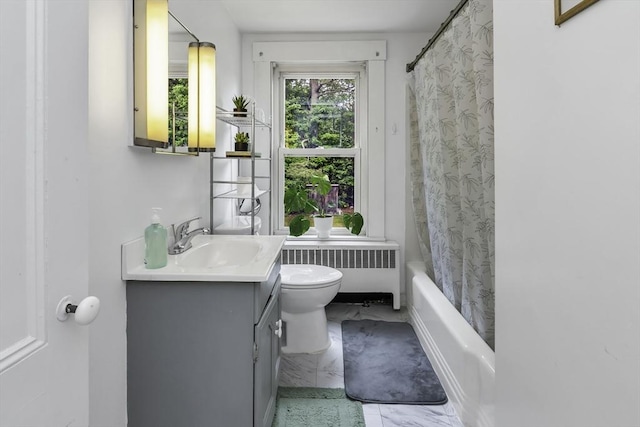 5 Bow St, Townsend, MA 01469 - full bathroom featuring radiator, vanity, toilet, marble finish flooring, and shower / bath combo with shower curtain