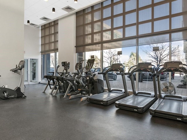 gym with visible vents, a high ceiling, and expansive windows