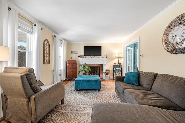 living room featuring a fireplace, crown molding, and hardwood / wood-style floors