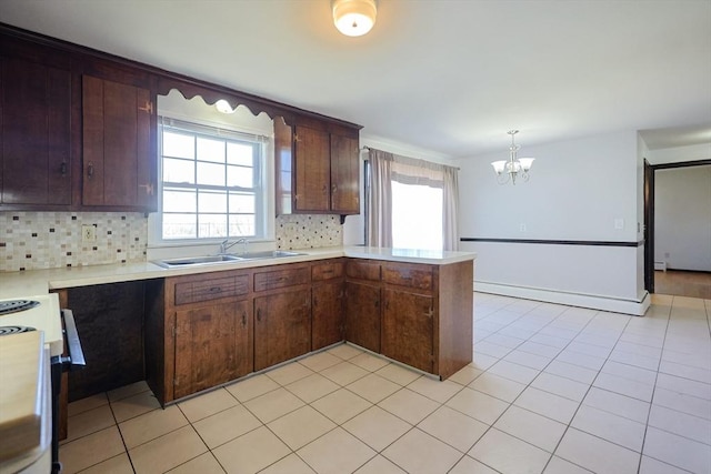 kitchen with decorative backsplash, electric range, light countertops, a sink, and an inviting chandelier