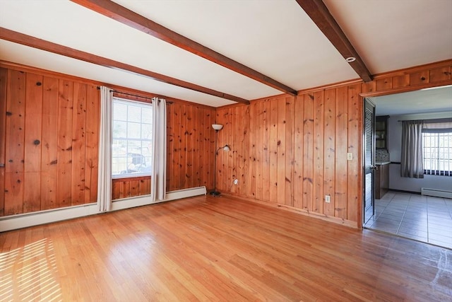 unfurnished room featuring wood finished floors, a baseboard heating unit, beam ceiling, and wooden walls