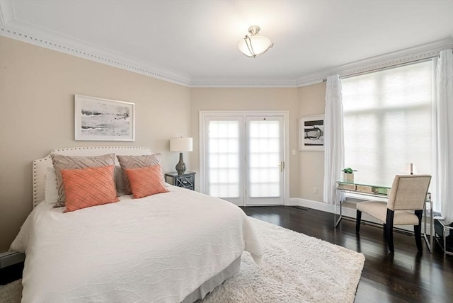 43 Bristol Rd, Wellesley, MA 02481 - bedroom with dark wood-type flooring, ornamental molding, and access to outside