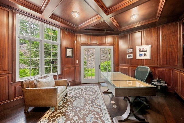 43 Bristol Rd, Wellesley, MA 02481 - home office featuring crown molding, a wood ceiling with exposed beams, dark wood-style flooring, french doors, and coffered ceiling