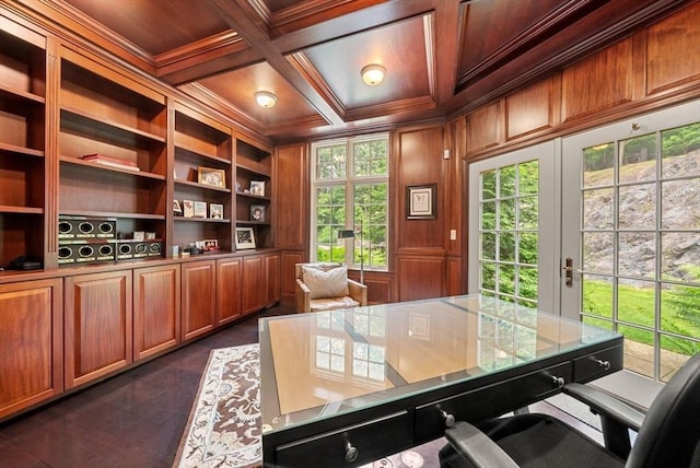 43 Bristol Rd, Wellesley, MA 02481 - office area featuring crown molding, wooden ceiling, and coffered ceiling