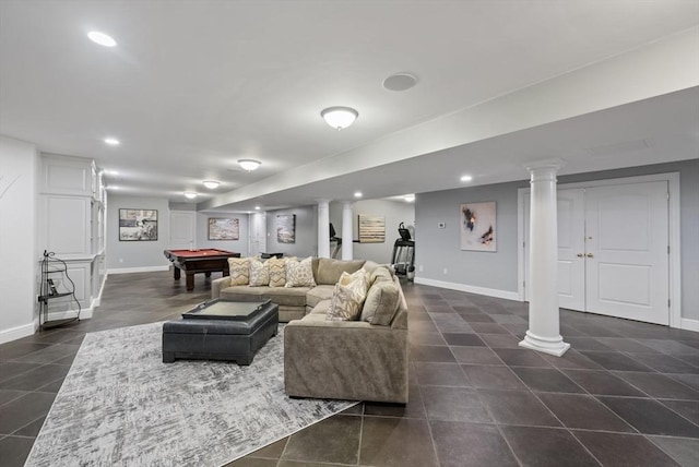 43 Bristol Rd, Wellesley, MA 02481 - living room with decorative columns, billiards table, dark tile patterned flooring, and recessed lighting