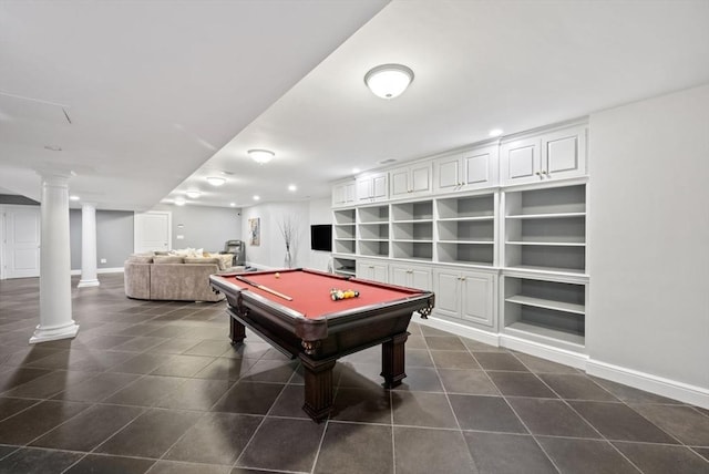 43 Bristol Rd, Wellesley, MA 02481 - game room with decorative columns, recessed lighting, billiards table, built in shelves, and dark tile patterned floors