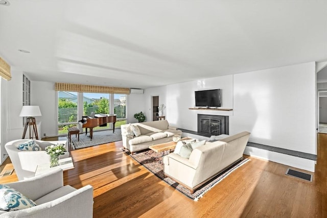 124 William St, Dartmouth, MA 02748 - living area featuring wood finished floors, a wall mounted AC, and a glass covered fireplace