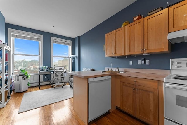 483 Beacon Unit 63, Boston, MA 02115 - kitchen with white appliances, light countertops, a peninsula, wood finished floors, and under cabinet range hood