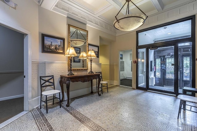 483 Beacon Unit 63, Boston, MA 02115 - lobby with coffered ceiling, wainscoting, ornamental molding, and beamed ceiling