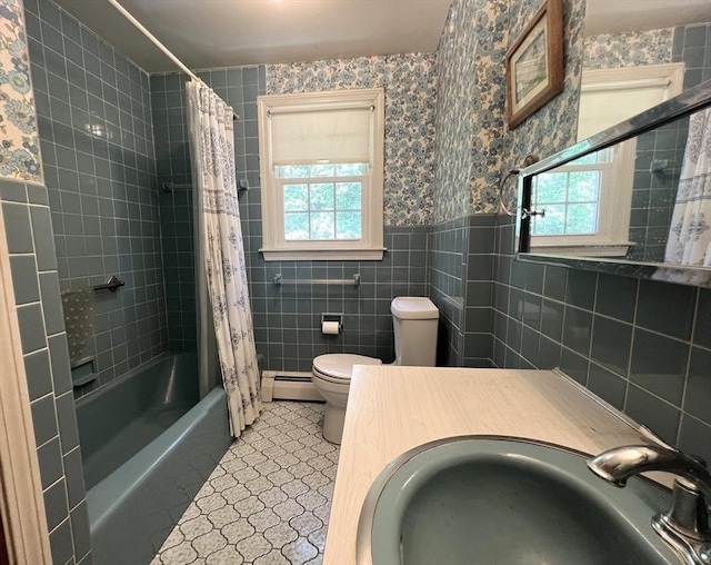 31 Dix Rd, Woburn, MA 01801 - full bath featuring vanity, shower / bathtub combination with curtain, a baseboard radiator, tile walls, and tile patterned floors