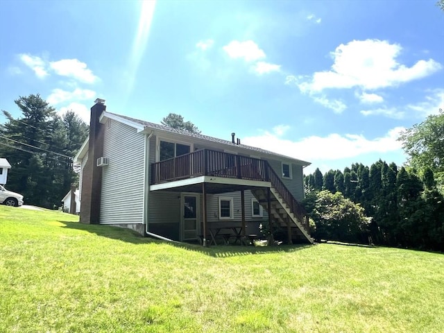 31 Dix Rd, Woburn, MA 01801 - back of house with stairway, a chimney, a lawn, and a deck