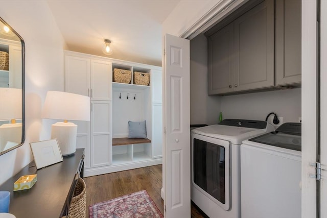 73 Harold St, Milton, MA 02186 - laundry room with independent washer and dryer, dark wood-style flooring, and cabinet space