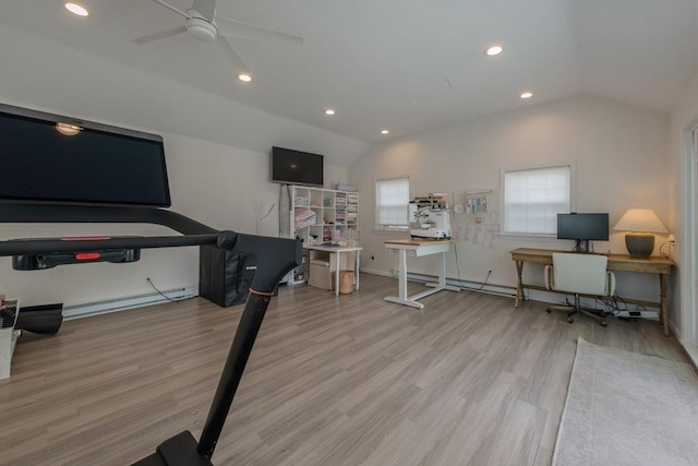 73 Harold St, Milton, MA 02186 - home office with lofted ceiling, a baseboard heating unit, a ceiling fan, wood finished floors, and recessed lighting
