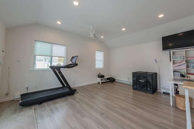 73 Harold St, Milton, MA 02186 - exercise area with vaulted ceiling, light wood-type flooring, plenty of natural light, recessed lighting, and a ceiling fan