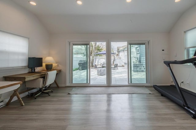 73 Harold St, Milton, MA 02186 - home office featuring vaulted ceiling, wood finished floors, recessed lighting, and baseboards