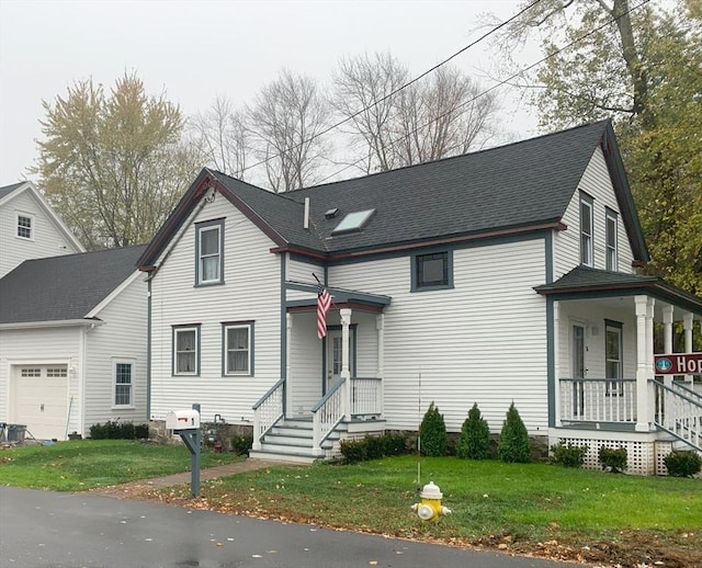 view of front of home with an attached garage, a porch, and a front yard