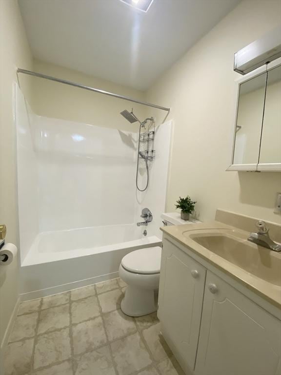 bathroom featuring visible vents, bathing tub / shower combination, vanity, and toilet