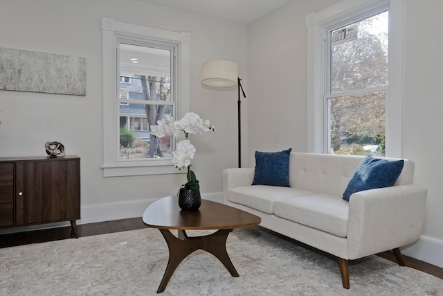 sitting room featuring hardwood / wood-style floors and a healthy amount of sunlight