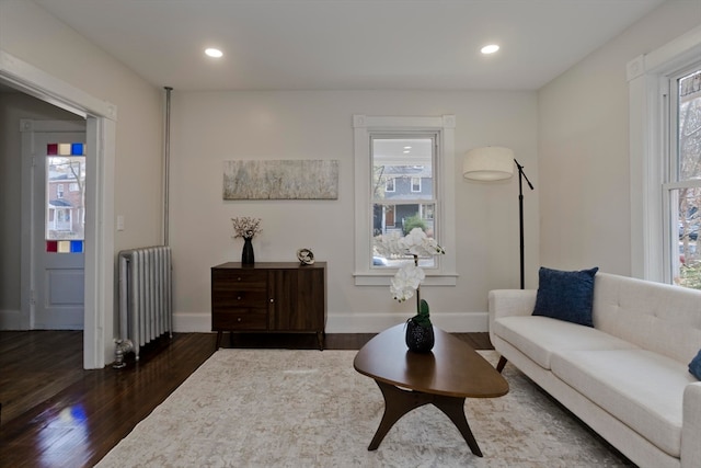 living room featuring radiator heating unit, a healthy amount of sunlight, and dark hardwood / wood-style flooring