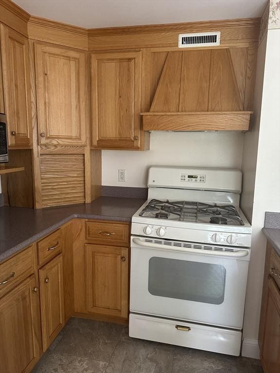 40 Elmwood Cir, Peabody, MA 01960 - kitchen with white gas range oven, premium range hood, brown cabinets, and dark countertops